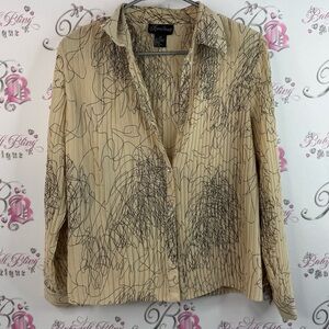 Karen Arnold button down rhinestone buttons Beige and Black Patterned Blouse